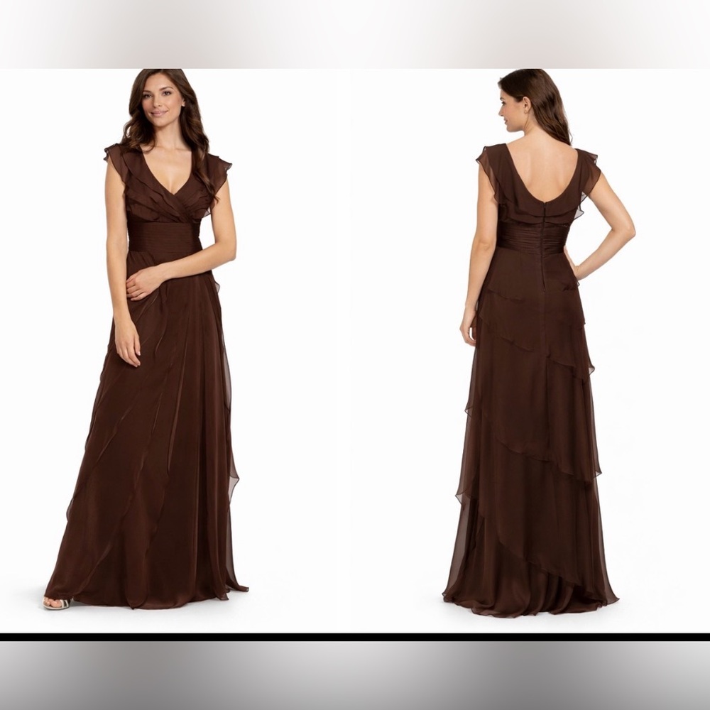 Adrianna Papell Dress Brown 10 Tiered Maxi Formal Party Cruise Wedding Date